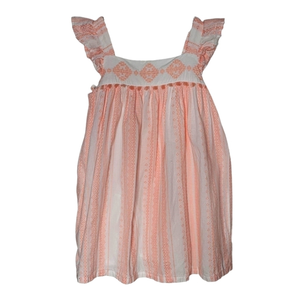 Tahari Peach White Embroidered Sleeveless Cotton Lined Dress Ruffled Straps sz 6